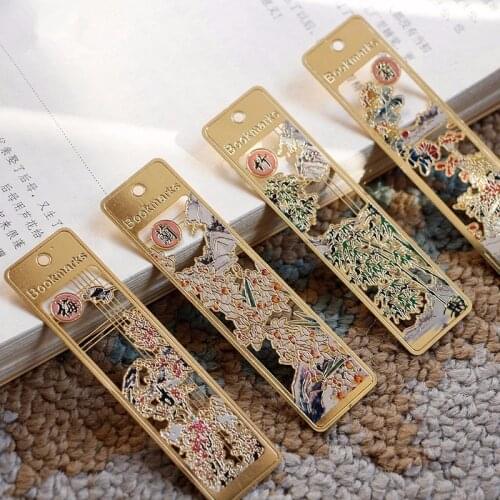 4Pcs/Set 24K Gold Plated Chinese Classical Style Bookmark Merlin Bamboo Chrysanthemum Metal Book Marks