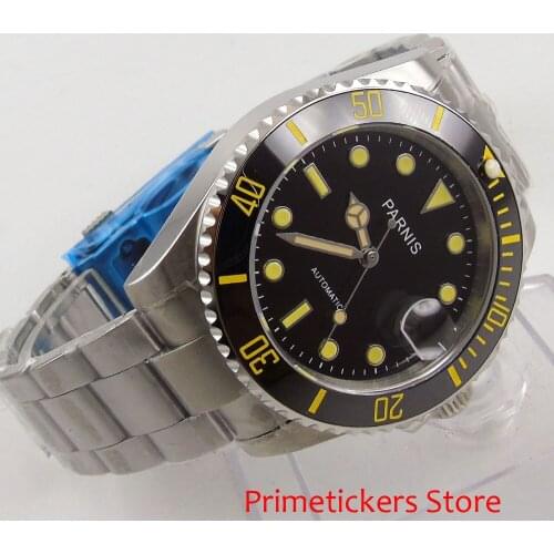 40mm PARNIS sapphire glass ceramic bezel automatic movement mens watch yellow marks black dial