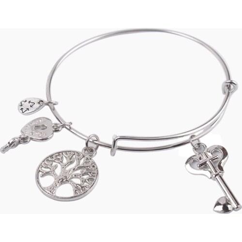 5PCS Fashion Silver Color Tone Cross Key Expandable Wire Bangle Bracelet #91149