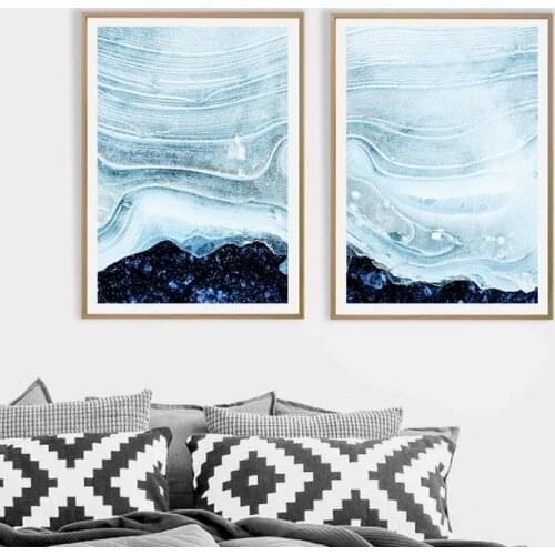 Abstract Blue Pastel Poster Art Prints Home Wall Decor , Modern Blue Curves Canvas Painting Living Room Wall Art Pictures