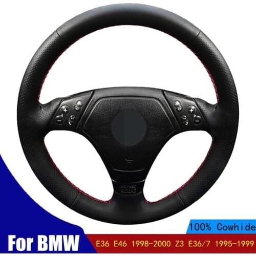 Car Steering Wheel Cover Hand-stitched Black Genuine Leather For BMW E36 E46 1998-2000 Z3 E36/7 1995 1996 1997-1999
