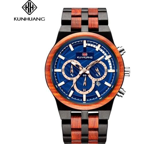 Wooden Mens Watch Men Watches Multi-function Large Dial Luxury Wood Chronograph Outdoor Military Quartz Watches Reloj Hombre
