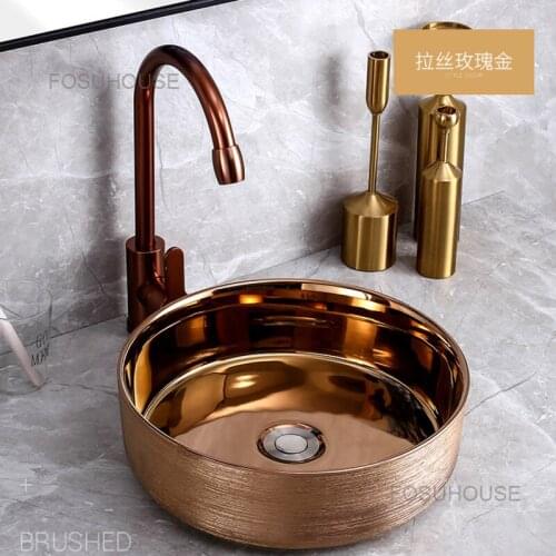 European Style Ceramic Bathroom Sink On Stage Small Size Round Gold Hotel Creative Light Luxury Washbasin Set Washing Hand Basin