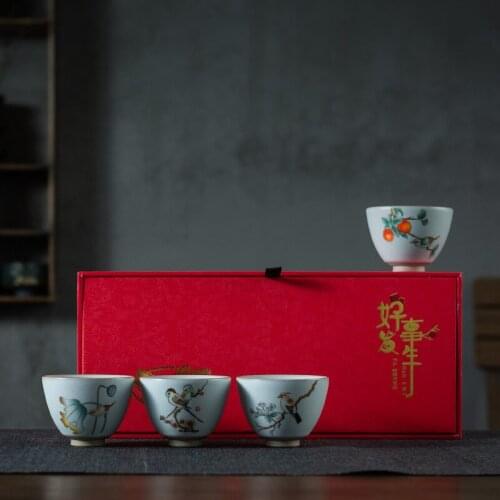 Good Things Happen Ru Ware Ceramic Tea Cup Set Master Cup Large Kung Fu Tea Cup Personal Cup Gift Box Tea Cup Set of 4 Teacups