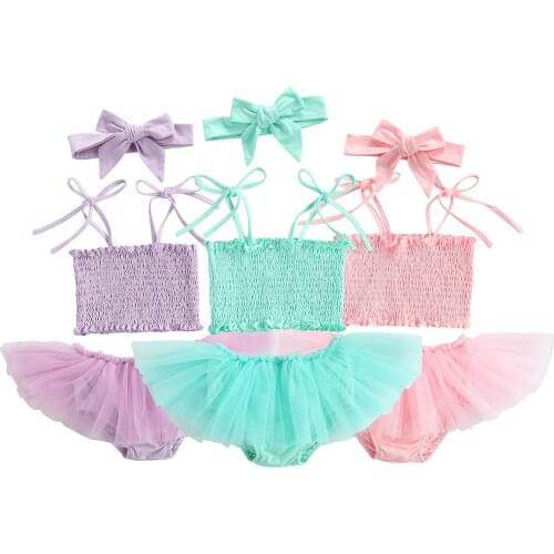 Kid Infant Baby Girl’s Three Piece Set, Babys Pleated Solid Color Sleeveless Camisole Mesh Shorts Hair Band for Girls