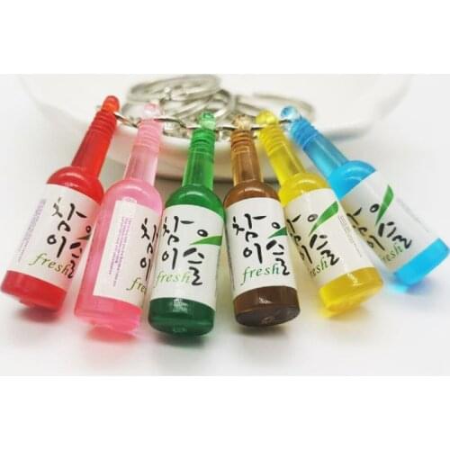 Korean Fashion Drink Soju Bottle Keychain 6 Colors Simulation Resin Beer Wine Trinket Women Keyring Jewelry Travel Gift Souvenir