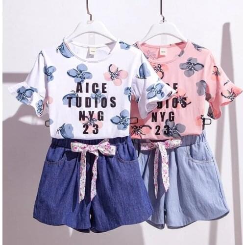 Menoea Kids Girls Clothes Sets Summer Teens Toddler Korea Flower Collar Striped T-Shirt Tops Denim Shorts 2 Pcs Outfits Suit