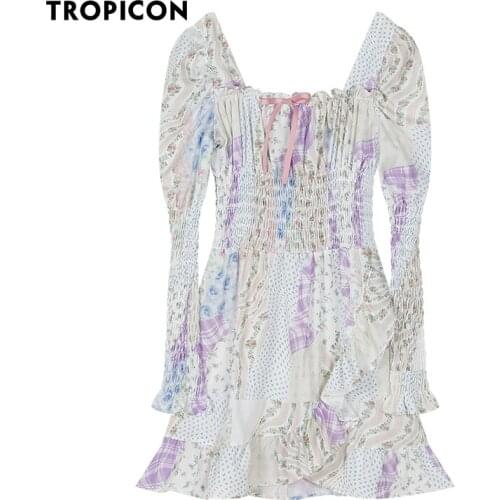 TROPICON Puff Sleeve Square Neck Ruffle Mini Dress Women Long Sleeve Backless Bodycon Tie Bow Tunic Cute Dress Spring Autumn