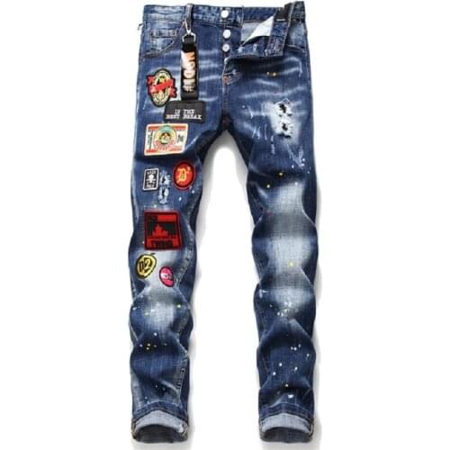 Men Brand European American Style Blue Jeans Pants Men Slim Jeans Patchwork Letter Moto & Biker Jeans Pants Pencil Pants Jeans