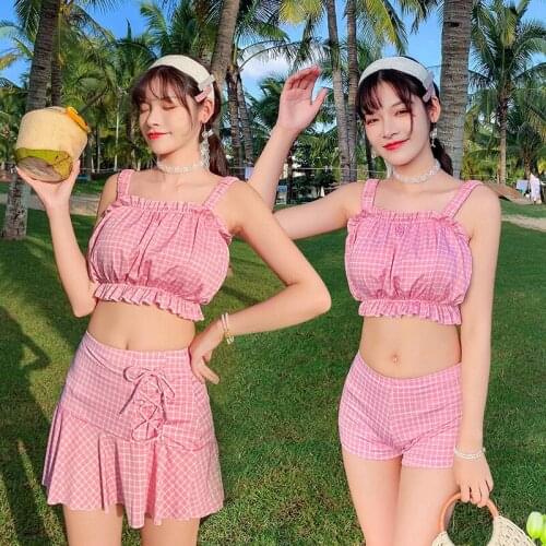 2021 New Fashion Ladies Plaid Swimsuit Sexy High Waist Cover Meat Thin Boxer Skirt Split Swimsuit Swimwear