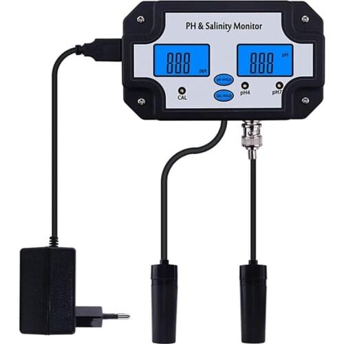 PH-2685 PH & Salinity Monitor 2 in 1 Ph Meter&Salinity Tester for Aquarium Pool Spa Seawater Water Quality-EU Plug