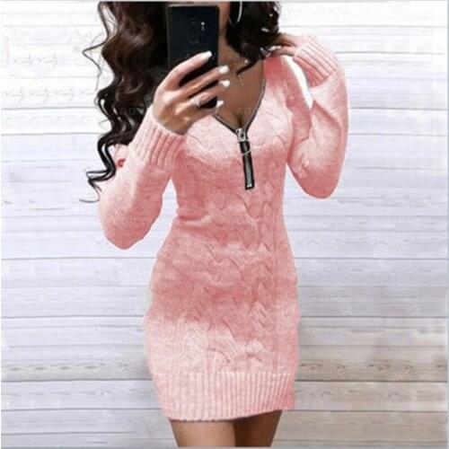 Slim Women Knitted Sweater Dress Casual Long Sleeve Female Zipper Pullover Dress Fashion V Neck Autumn Winter Dress 2021