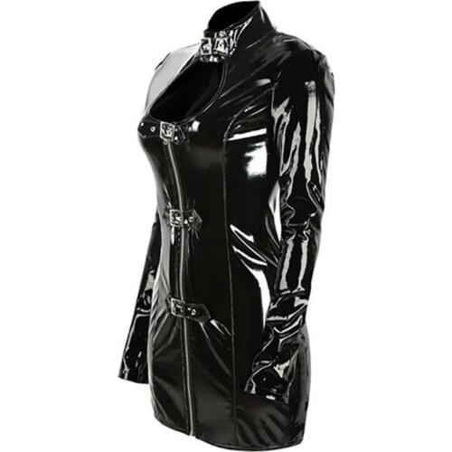 S-XXL Fashion Women PVC Latex Buckle Dress Keyhole Bust Zipper Black Sexy Faux Leather Sexy Long-Sleeved Vinyl Club Mini Dress