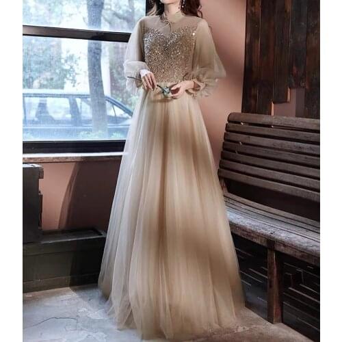 2021 Champagne Prom Dresses Elegant High Neck Full Sleeve A-Line Pleat Tulle Luxious Crystal Lace New Formal Banquet Party Gowns
