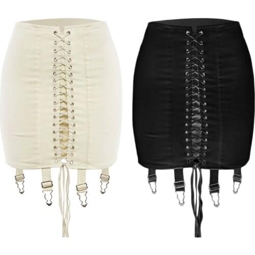 Women High Waist Crisscross Lace-Up Front Bodycon Mini Pencil Skirt with Garter Belt Harajuku Package Hip Party Clubwear