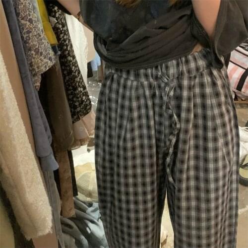 2021 Women Summer Long Plaid Wide Leg Pants Elastic High Waist Loose Gray Sweatpants Casual Trousers