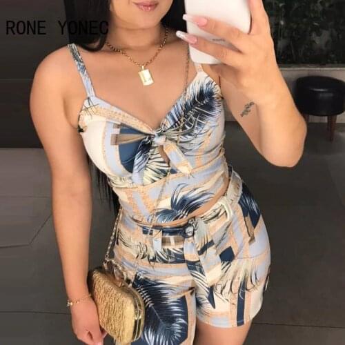 Women Knotted Tropical Print Top & Shorts Set With Belt Summer Vacation Suit