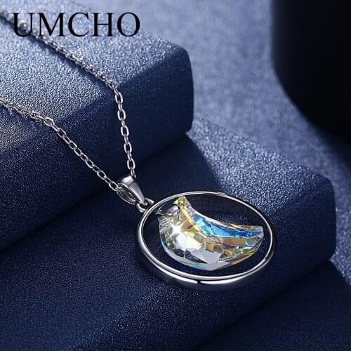 UMCHO Solid 925 Sterling Silver Crystal Moon Pendants Necklace For Women Girl Prom Banquet Wedding Engagement Party Fine Jewelry