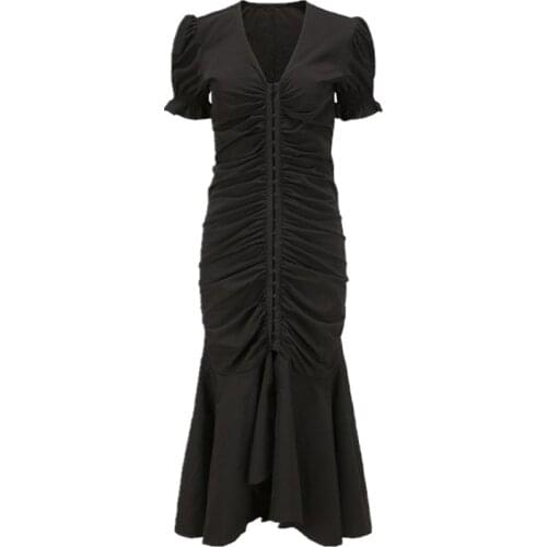 PERHAPS U Women Puff Sleeve Short Sleeve Knee Length Dress Chic Summer Split Black Solid V Neck Mermaid Trumpet Dress D1920