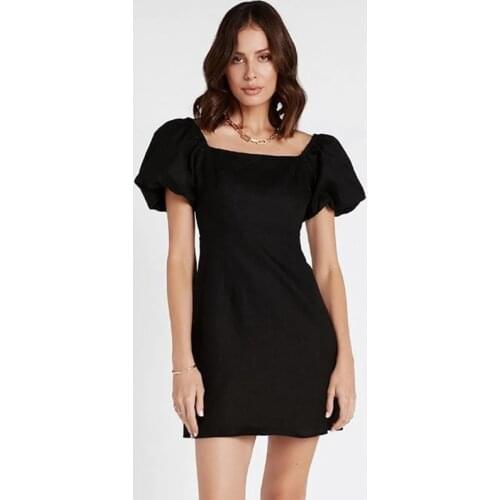 Elegant Black Bodycon Women Dress A-Line Lantern Sleeve Square Collar Casual Spring Summer Fashion Slim Ladies Mini Dresses