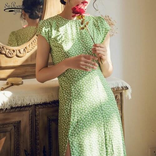 Sexy Vintage Split Boho Print Floral Chiffon Dress Lady Summer Backless Women Midi Dress Holiday Beach Dresses Vestidos 15254