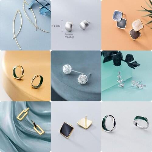 100% 925 Sterling Silver Geometry Earrings for Women Girls Simple Square Circle Ball Stick Stud Earrings Wedding Jewelry Gifts