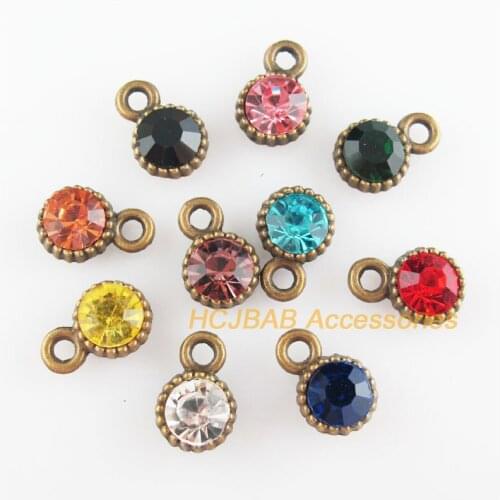 20 New Round Charms Antiqued Bronze Plated Flower Mixed Crystal Pendants 8.5x13mm