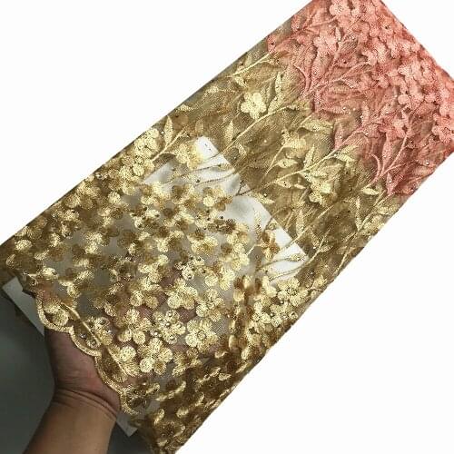 5 Yards Gold&Peach Sewing Embroidery Fabric Net Lace Fabric Organza High Quality African Tulle Lace Fabrics KRL-6831