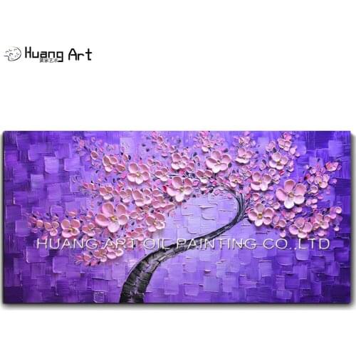 Hand-painted Knife Bluish Violet Oil Paintings for Room Wall Decor Modern Abstract Pink Flower Tree Landscape Painting on Canvas