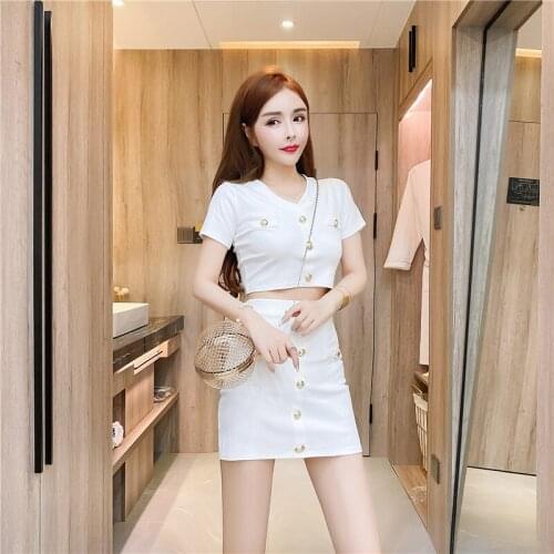 Wenfly Women Two Piece Sets Summer Fashion V-neck Short Single Breasted Open Navel Tops High Waist Package Hip Skirt Suit