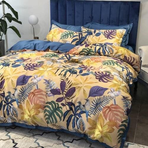 Pastoral Yellow Leaves Satin Egyptian Cotton Bedding Set Full Double Queen King Size Linens Sheet Pillowcase Duvet Cover Sets