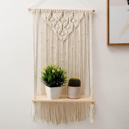 Creative Bohemian Macrame Tapestry Rack Hand-woven Wall Hanging Flower Storage Wooden Shelf