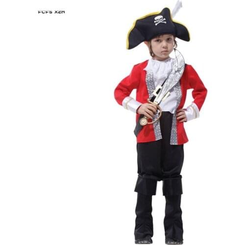 M-XL Red Boys Halloween Skeleton Pirate Costumes Kids Children Movie Pirates of the Caribbean Cosplay Carnival Purim party dress