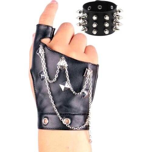 Idopy Men`s Women`s Faux Leather Glove and Bracelet Set Chain Punk Dancing Rock And Roll Jazz Cosplay Party Glove With Studs