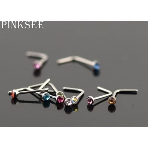 PINKSEE 10Pcs/Lot Mixed Colors Surgical Steel Bend Nose Stud Bone Pin Ring Crystal Nostril Bending Body Piercing Jewelry