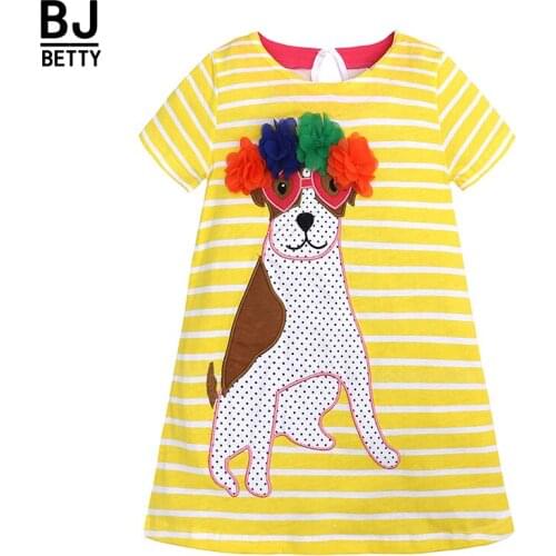 Baby Girl Dress with doggy Vestidos Striped Cotton Kids Party Dresses for Girl short sleeve Clothes Princess Costume 1-6Y BBD083