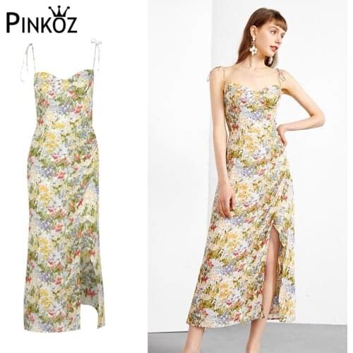 Pinkoz summer holiday spaghetti strap camisole women floral printed midi dress sexy girl beach night casual slimy dresses femme
