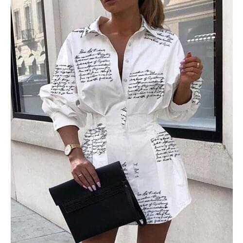 2021 Hot Summer Long-Sleeved Lapel Commuter Casual Professional Fold Waist Printing Series Shirt Dress