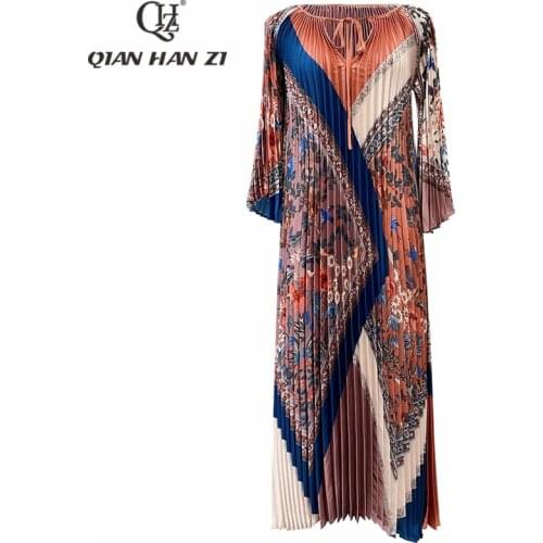 Qian Han Zi Spring/Autumn Designer Fashion Women Dress Flared sleeves vintage Flower print Loose holidays Long pleated dress