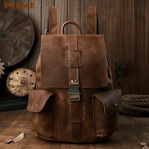 Vintage crazy horse cowhide mens travel backpack fashion design natural genuine leather daily outdoor brown computer bagpack