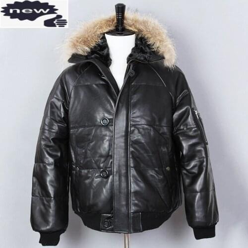 Thick men fur hooded winter jacket black sheepskin duck down genuine leather coat for male