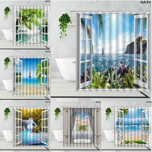 Outside The Window Ocean Landscape Shower Curtains Waterfall Tree Forest Modern Home Decor Bathroom Waterproof Polyester Curtain