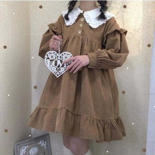 Japanese Kawaii Lolita Dress Autumn Corduroy Sweet Lolita Style Cute Dress Brown Patchwork Puff Long Sleeve Tea Party Dress