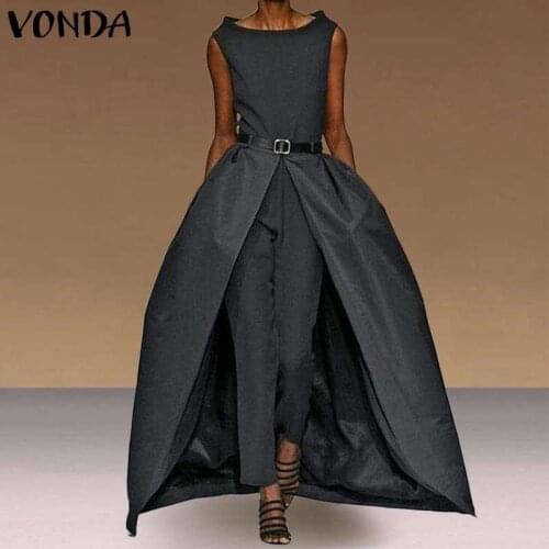 Women Party Playsuits VONDA 2021 Summer Sexy Jumpsuits Vintage Rompers Office Lady Overalls Long Pants Female Trousers Overalls