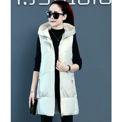 Women Autumn Winter Mid-long Waistcoat Vest 2021 New Casual Shiny fabric Solid Sleeveless Hooded Thick Warm padded Vest