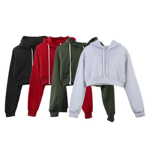 5 Colors New Womens Plain Hangover Crop Top Hooded full length Sleeves Hoodie Sweatshirt Solid Gary Winter Cotton Top Hoodies
