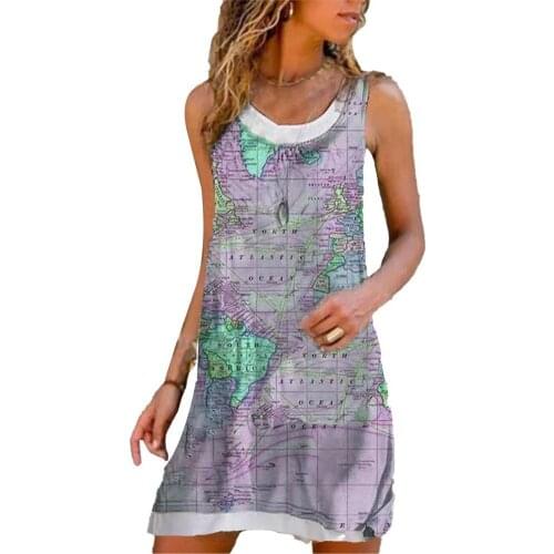 Plus Size Women Dress Vintage Map Print Fake Two Piece Female Sundress O Neck Sleeveless Summer Casual Women Dress vestidos