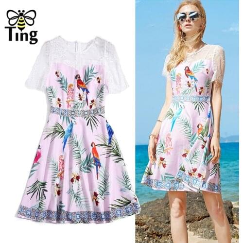 Tingfly Vintage Summer Lace Patchwork Pink Bird Printing Mini Short Dress Boho Casual A Line Lady Girl Street Vestidos Zaful
