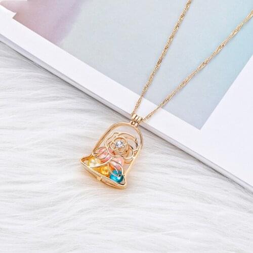 Harong Rose Flower Cage Necklace Pendant Crystal Gold Pearl Comic Necklace Beauty and the Beast Punk Jewelry Women Cute DIY Gift