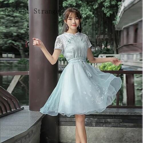 Vintage High Quality Hot Sale Stand Collar Flower Embroidery Short Sleeve Women Lace Chiffon A Line Dress